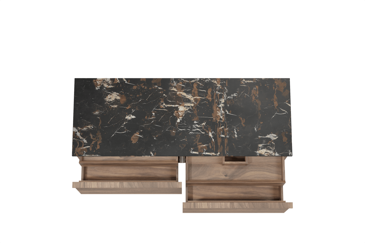 Balmani Forma zwevend badmeubel 150 x 55 cm amerikaans notenhout met Stretto enkel of dubbel wastafelblad in marmer portoro gold, Horizontale symmetrische rechte ribbel