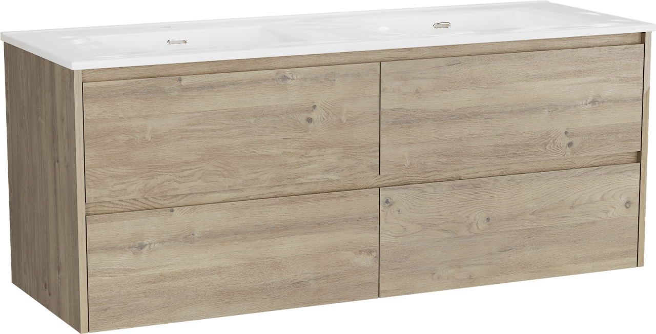Storke Seda zwevend badkamermeubel 150 x 52 cm ruwe eik met Kera dubbele wastafel in porselein glanzend wit, inclusief crepines