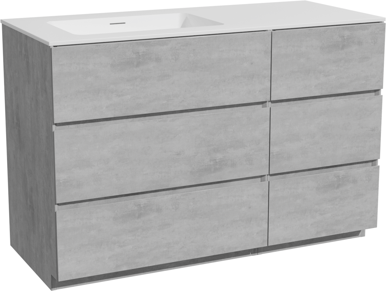 Storke Edge staand badkamermeubel 120 x 52 cm beton donkergrijs met Mata asymmetrisch linkse wastafel in solid surface mat wit