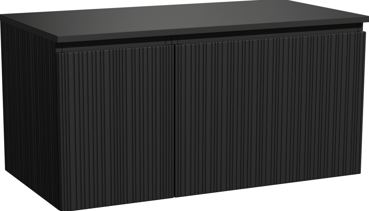 Storke Ribs zwevend badkamermeubel 100 x 52 cm zwarte eik met Panton enkel tablet in gepoedercoate mdf mat zwart, Verticale asymmetrische rechte ribbel
