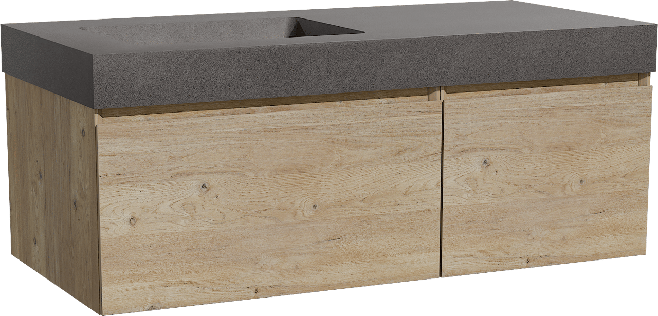 Storke Edge meuble salle de bains suspendu 110 x 52 cm chêne brut avec Scuro High plan vasque asymétrique à gauche en quartz noir mat