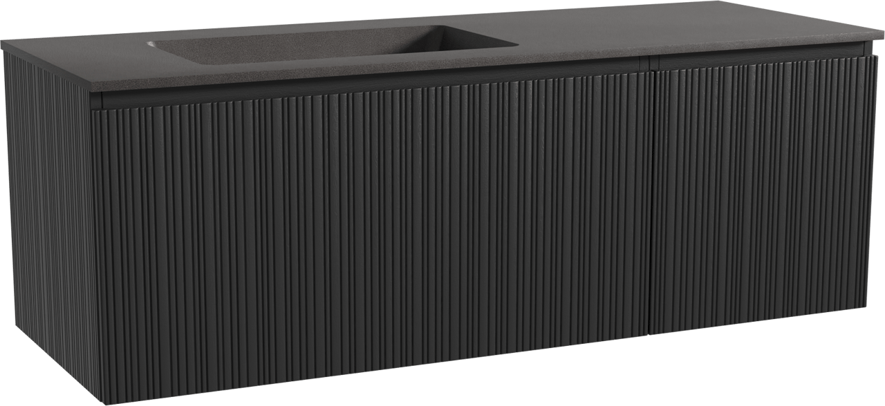 Storke Ribs zwevend badmeubel 140 x 52 cm zwart eiken met Scuro asymmetrisch linkse wastafel in kwarts mat zwart, Verticale asymmetrische rechte ribbel