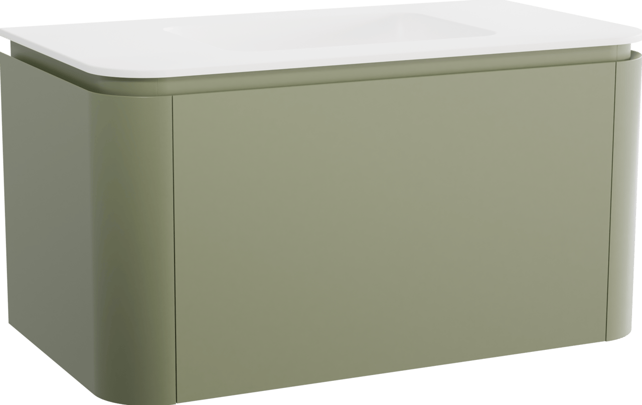 Balmani Moon zwevend badkamermeubel 100 x 55 cm saliegroen met Moon enkele wastafel in solid surface mat wit