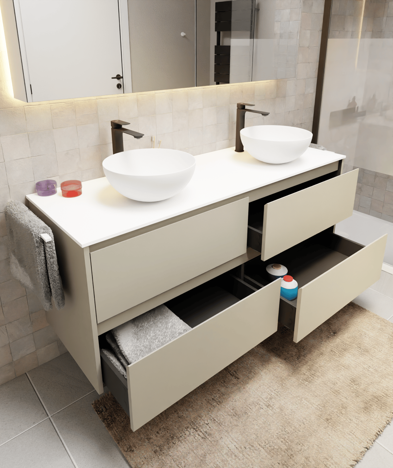 Storke Seda meuble sous-lavabo suspendu 150 x 52 cm soie grise 4 tiroirs