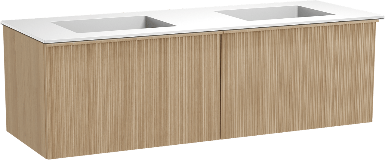 Balmani Forma zwevend badkamermeubel 150 x 55 cm natuur eik met Tablo Stretto dubbele wastafel in solid surface mat wit, Verticale asymmetrische ronde ribbel