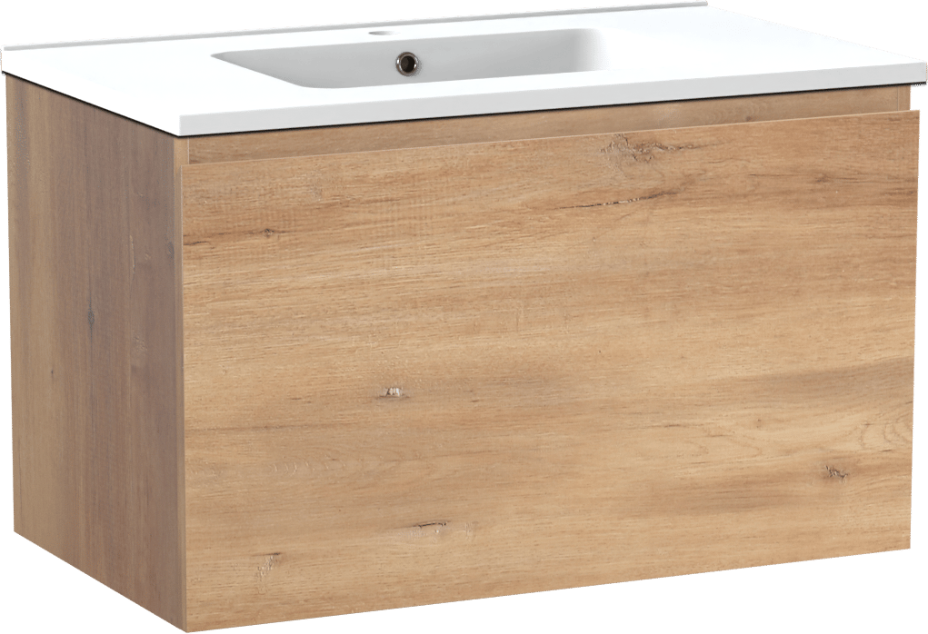 Linie Lado meuble salle de bains suspendu 80 x 46 cm chêne naturel avec Vano plan simple en marbre composite blanc mat