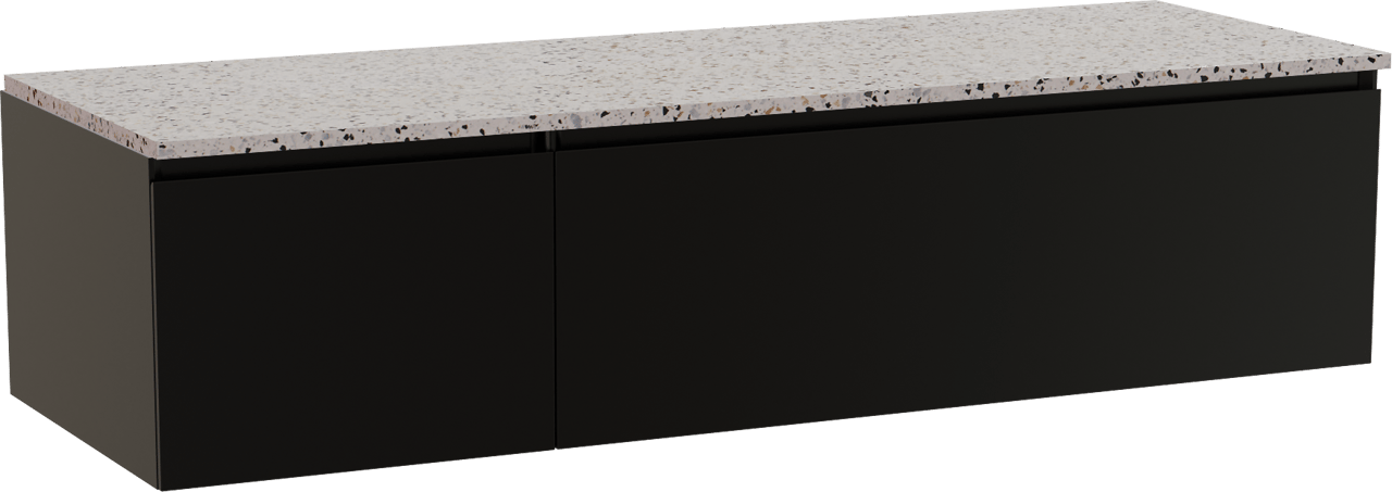 Storke Edge zwevend badkamermeubel 150 x 52 cm mat zwart met Tavola enkel of dubbel tablet in mat wit/zwart terrazzo