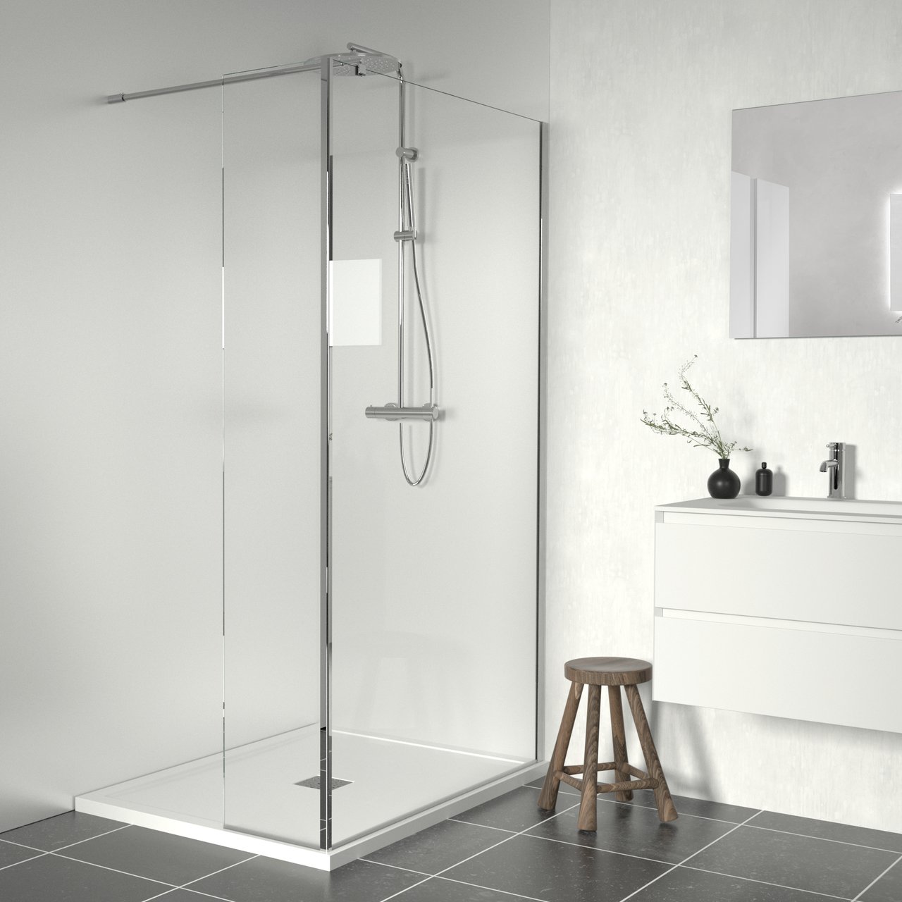 Linie Walk-In Dusche: Feste Seitenwand, , 116 x 200 cm, Klarglas mit satiniertem Streifen, Chrom Profil, glänzend