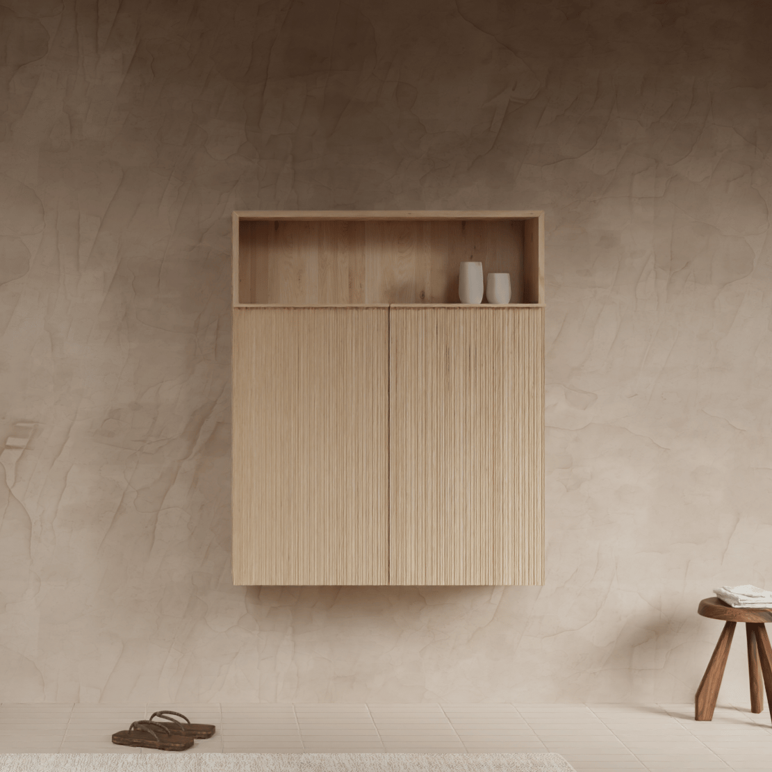 Balmani Forma colonne salle de bains suspendu nervure asymétrique chêne naturel 100 x 30 x 120 cm