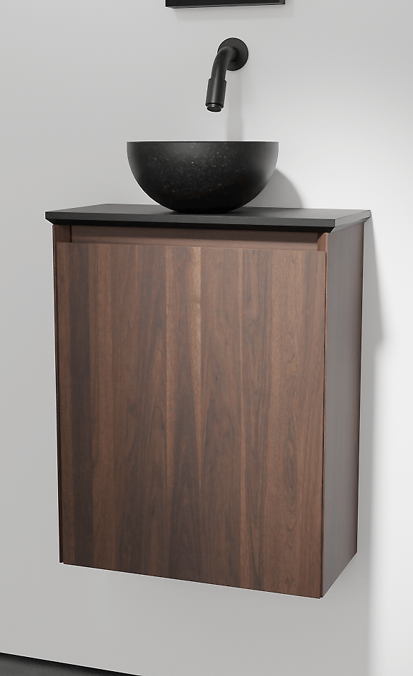 Balmani Mitra meuble wc suspendu 42 x 21 cm noyer américain avec Facetta tablette et Bari XS vasque à poser en granite aiguisé