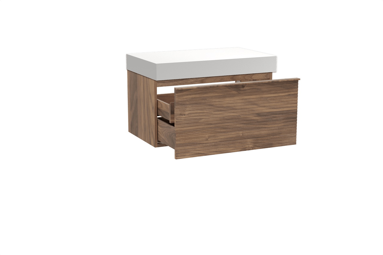 Balmani Forma meuble salle de bains suspendu 90 x 55 cm noyer américain avec Dominus tablette simple en solid surface blanc mat, Nervure droite symétrique horizontale