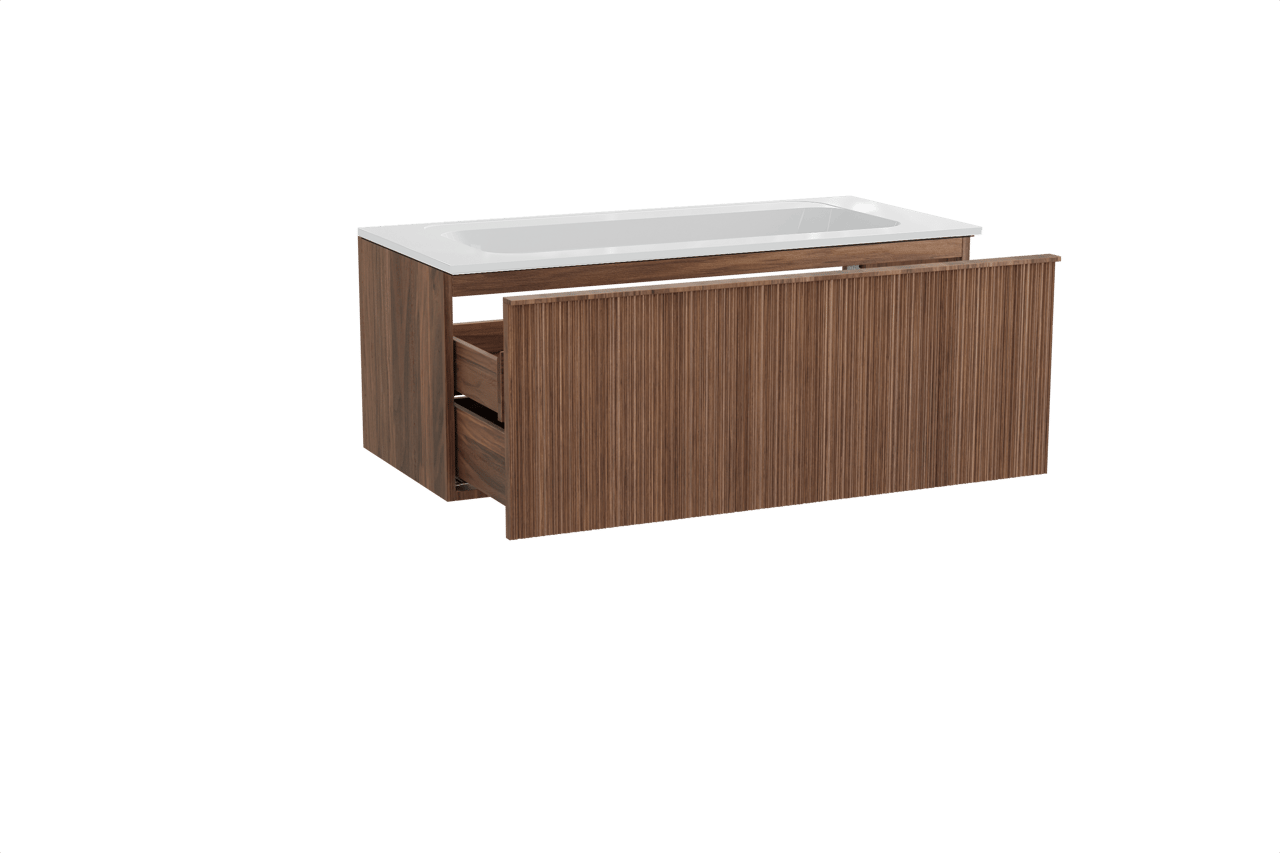 Balmani Forma meuble salle de bains suspendu 120 x 55 cm noyer américain avec Tablo Strada plan simple en marbre composite blanc brillant, Nervure circulaire asymétrique verticale