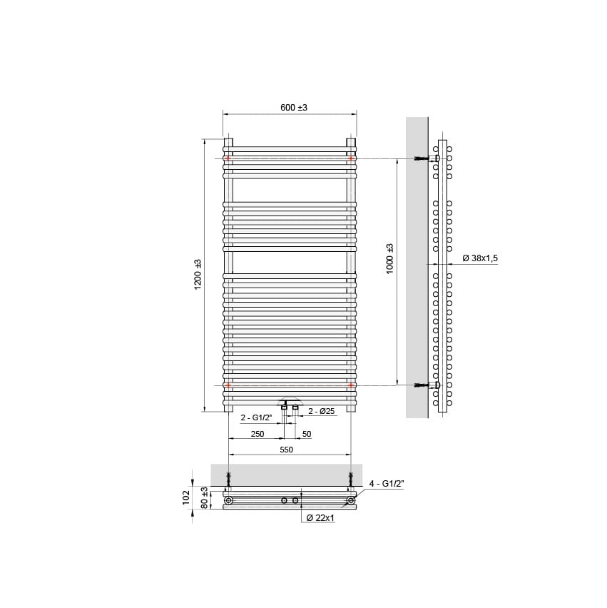 UNIQUEMENT POUR ALLEMAGNE - Vipera Alegria sèche-serviettes double 60 x 120 cm chauffage électrique noir mat raccordements latéral et central possibles 1.192W, résistance incluse