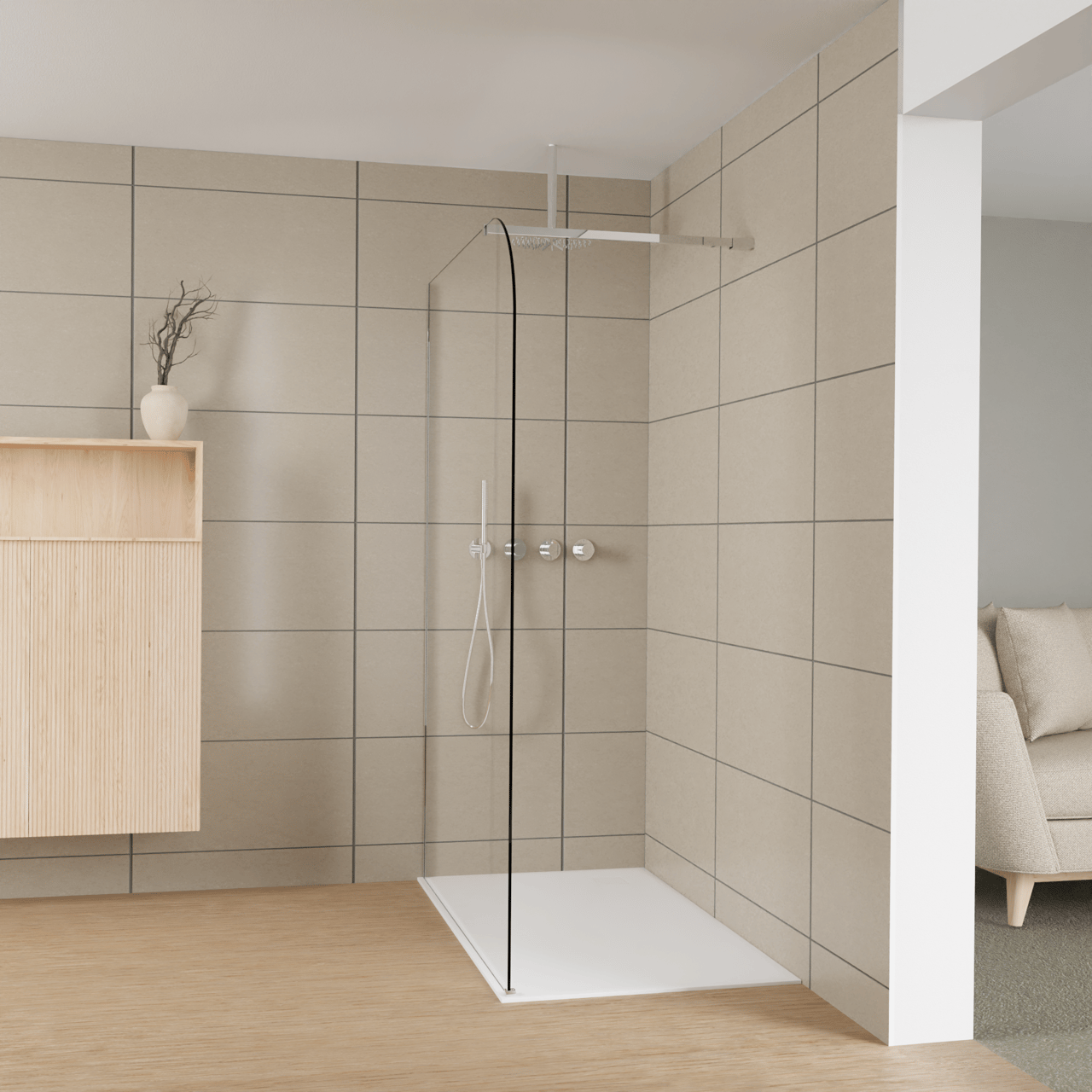 Balmani Modular douche à l'italienne: 140 x 200 cm, Verre transparent arrondi, avec coating, Profil Chrome brillant