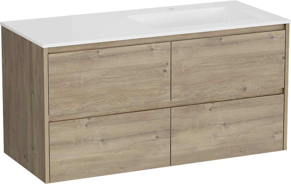 Storke Seda zwevend badkamermeubel 120 x 52 cm ruwe eik met Bilia asymmetrisch rechtse wastafel in composietmarmer glanzend wit
