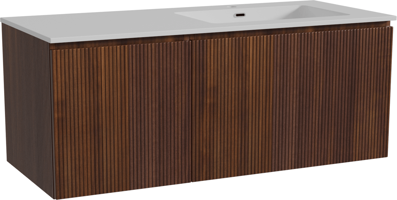 Storke Ribs zwevend badkamermeubel 120 x 52 cm notelaar met Diva asymmetrisch rechtse wastafel in composietmarmer glanzend wit, Verticale symmetrische rechte ribbel