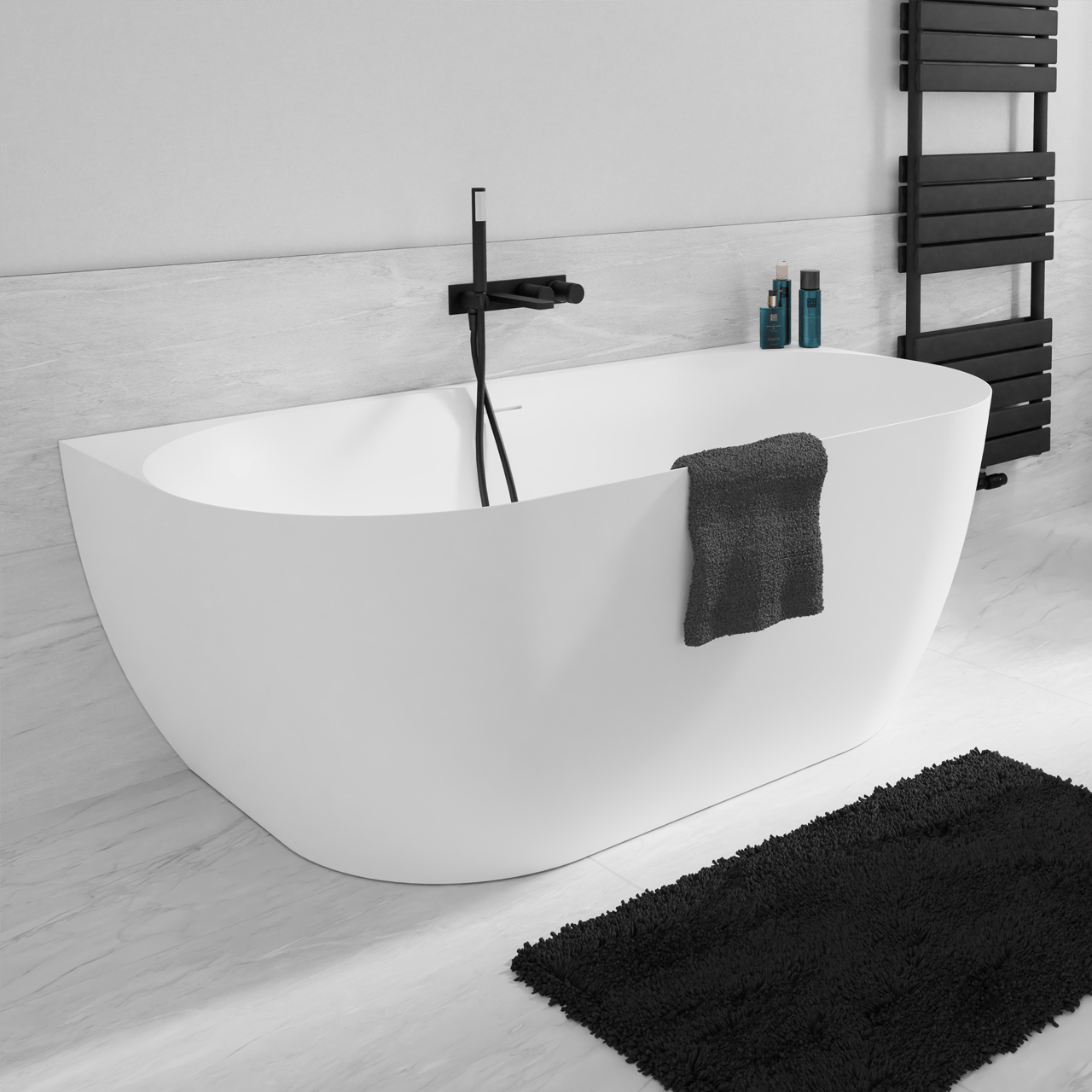 Luca Varess Otello halb freistehende Badewanne: 180 x 85 cm, Acryl, Weiß matt, inklusive Ablaufventil