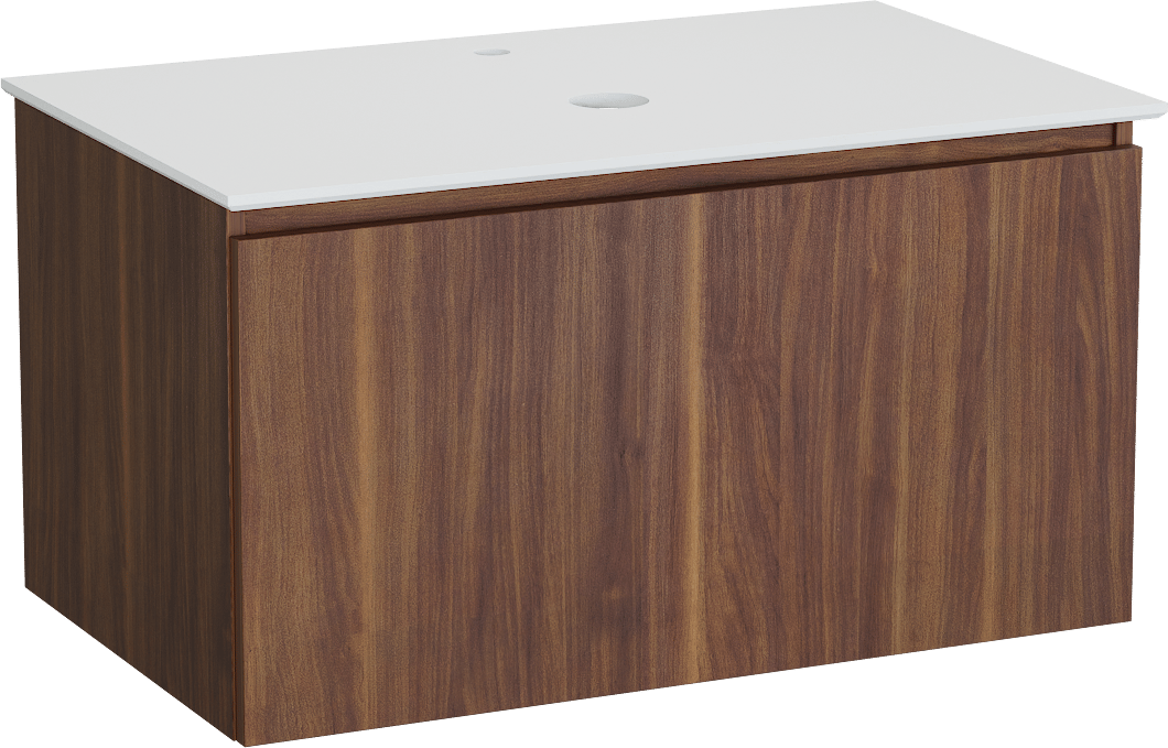 Balmani Sfera by Lucida zwevend badkamermeubel 90 x 55 cm amerikaanse notelaar met Facetta enkel tablet in solid surface mat wit