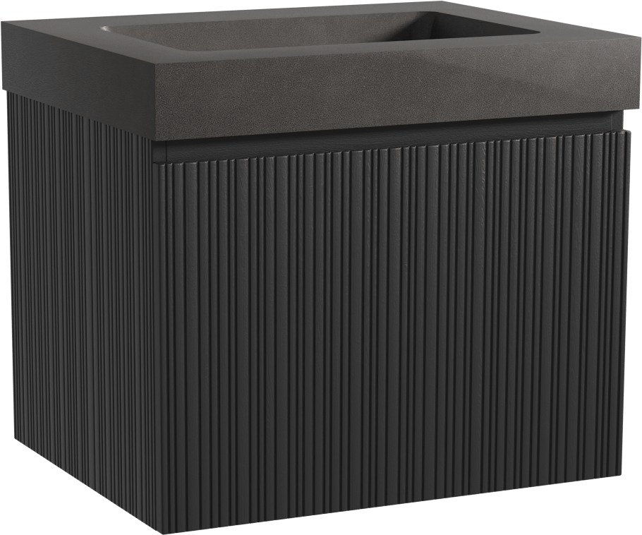 Storke Ribs meuble salle de bains suspendu 65 x 52 cm chêne noir avec Scuro High plan simple en quartz noir mat, Nervure droite asymétrique verticale