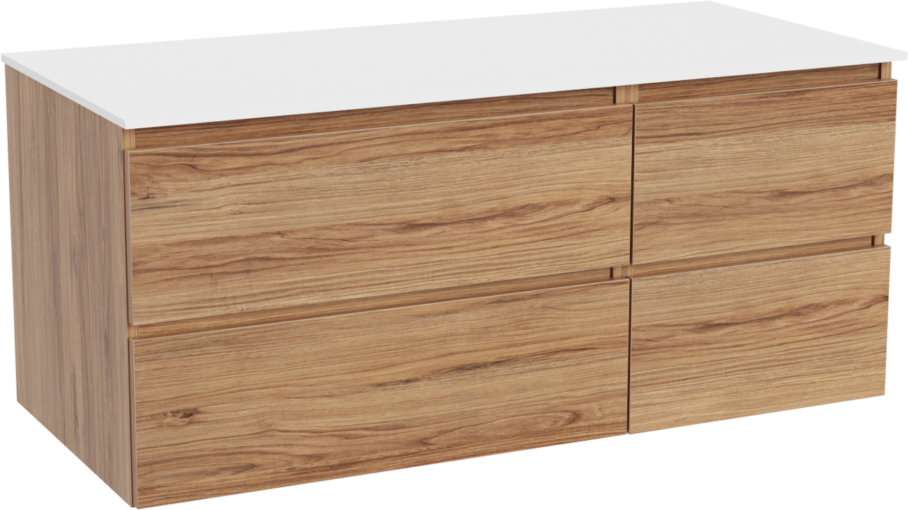 Balmani Lucida meuble salle de bains suspendu 120 x 55 cm teck avec Stretto tablette simple ou double en solid surface blanc mat