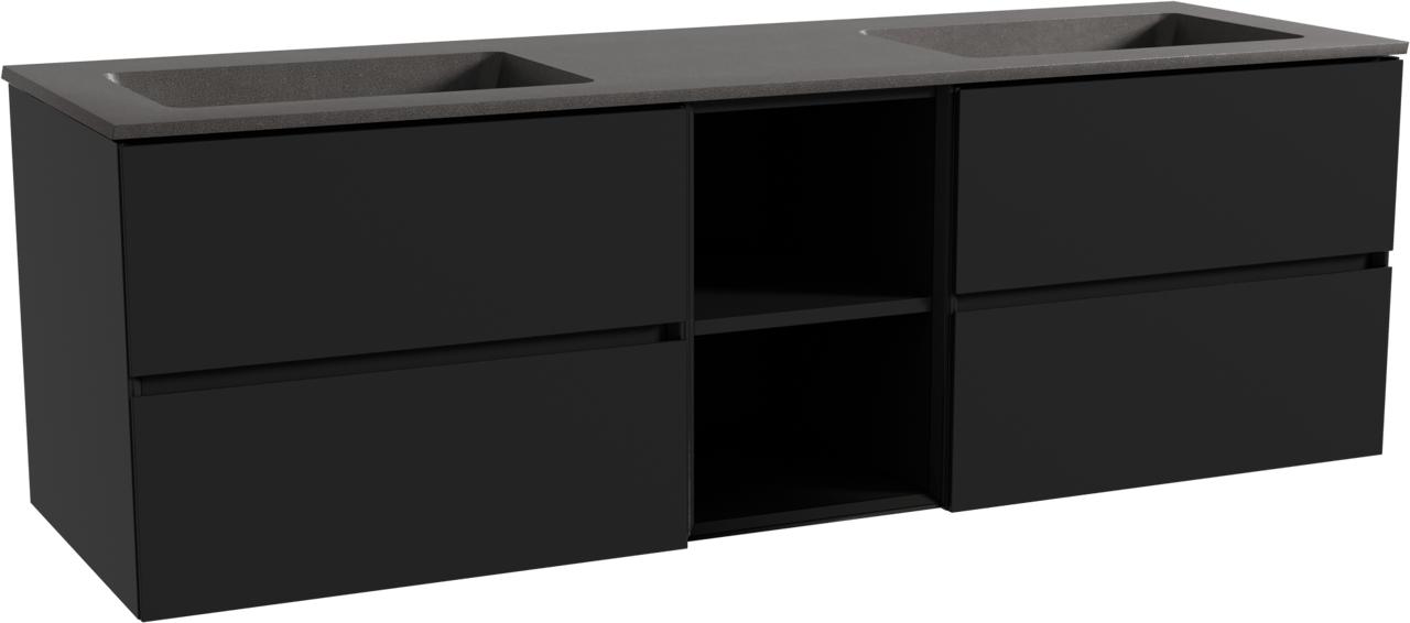 Storke Edge zwevend badmeubel 165 x 52 cm mat zwart met Scuro dubbele wastafel in kwarts mat zwart