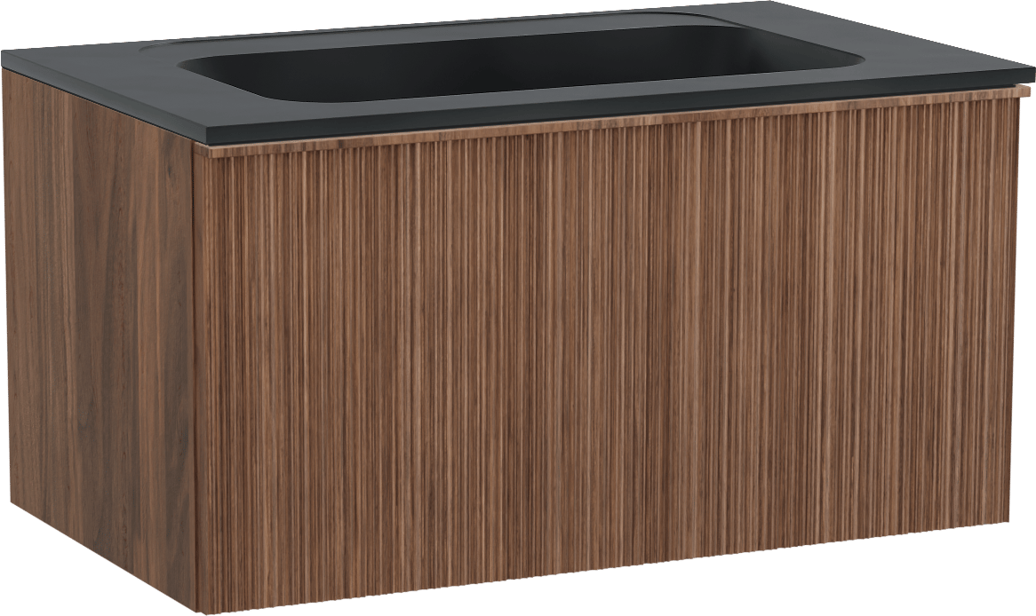 Balmani Forma zwevend badmeubel 90 x 55 cm amerikaans notenhout met Tablo Strada enkele wastafel in composietmarmer mat zwart, Verticale asymmetrische ronde ribbel