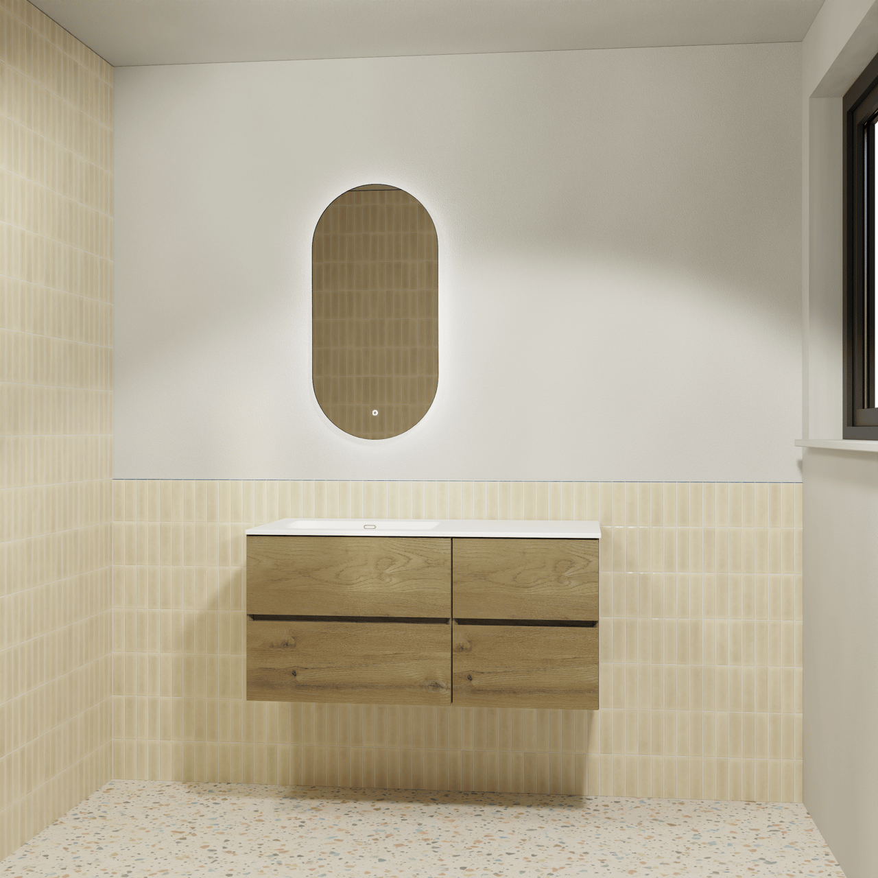 Storke Edge meuble salle de bains suspendu 110 x 52 cm chêne brut avec Diva vasque asymétrique gauche en marbre composite blanc brillant et Somma miroir