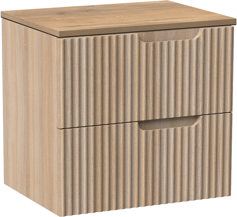 Linie Ribbo meuble salle de bains suspendu 60 x 46 cm chêne clair avec Lado tablette simple en mélaminé chêne naturel, Nervure circulaire symétrique verticale