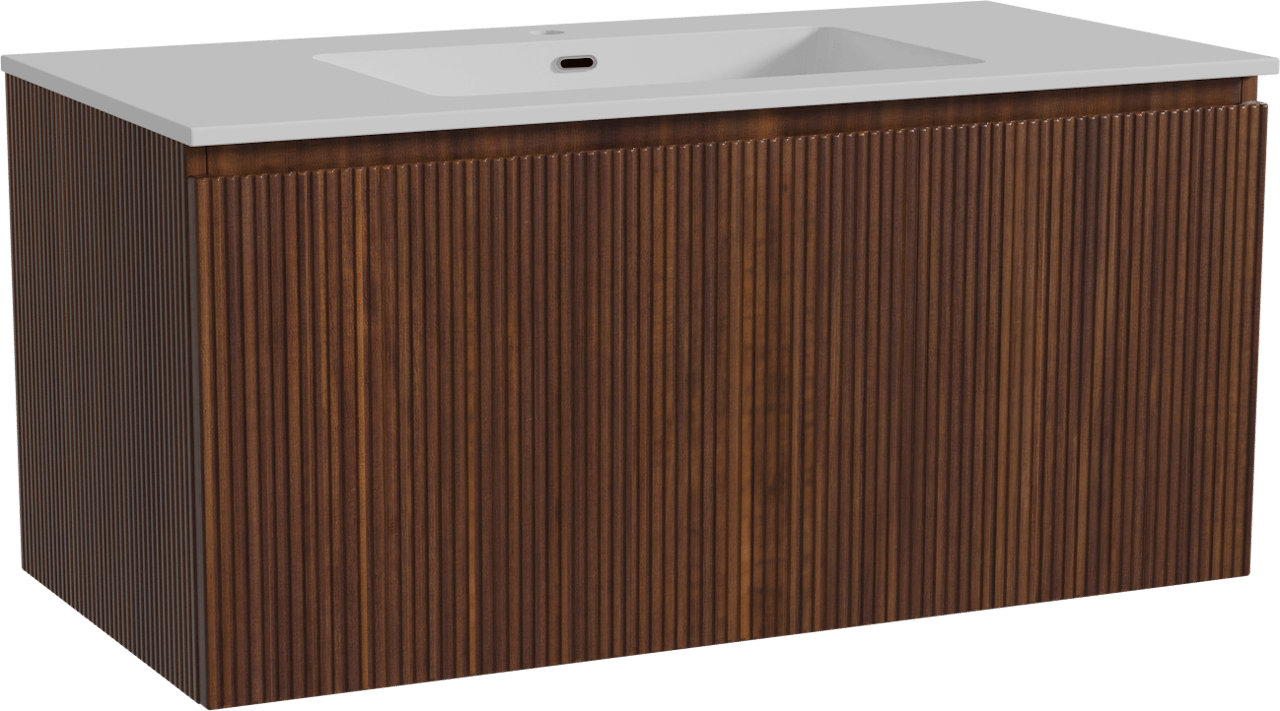 Storke Ribs zwevend badmeubel 105 x 52 cm notenhout met Diva enkele wastafel in composietmarmer hoogglans wit, Verticale symmetrische rechte ribbel