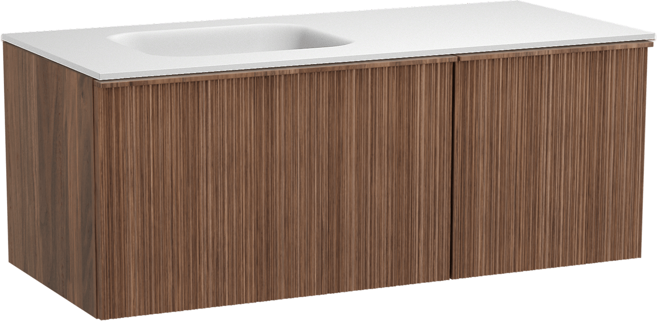 Balmani Forma hängendes Möbelstück Set: 120 x 55 cm, Amerikanischer Nussbaum, mit Tablo Arcato Waschtisch links, Solid Surface, Weiß matt, Vertikale asymmetrische Runde Rippe