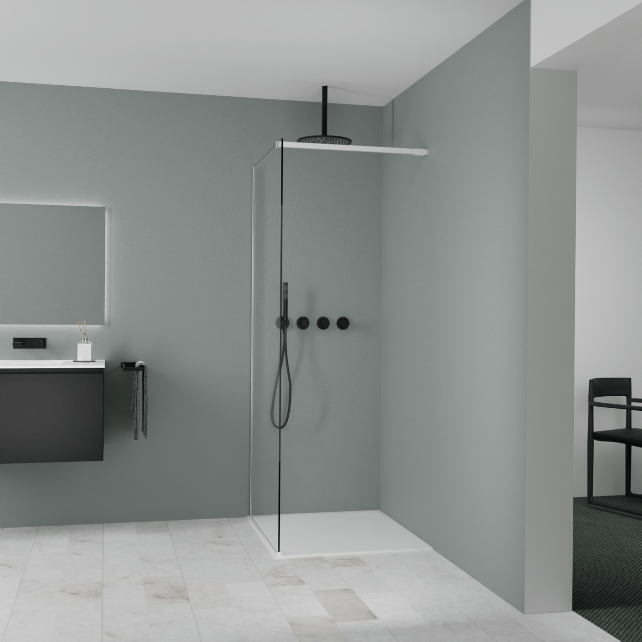 Balmani Modular douche à l'italienne: 90 x 200 cm, Verre extra transparent, avec coating, Profil Blanc mat