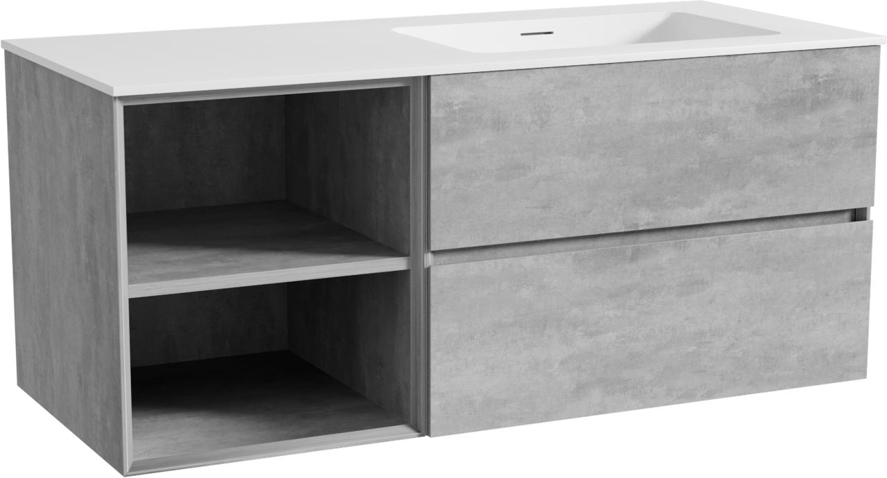 Storke Edge meuble salle de bains suspendu 120 x 52 cm béton gris foncé avec Mata plan vasque asymétrique à droite en solid surface blanc mat