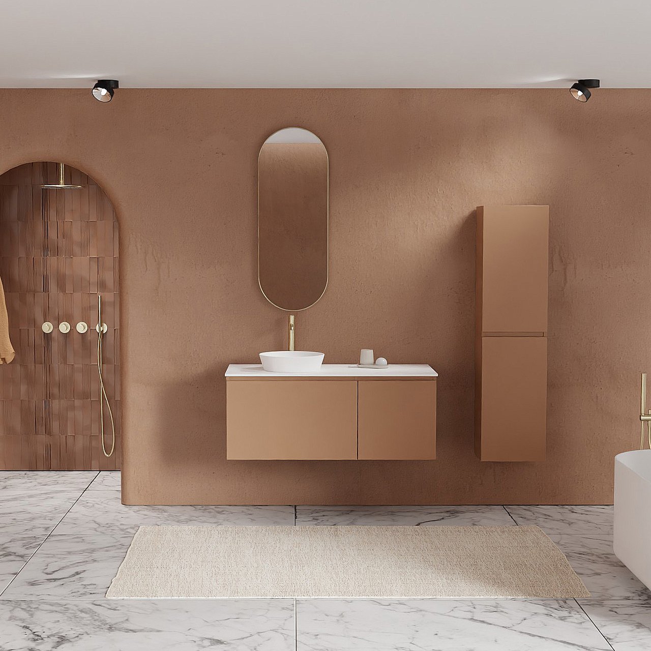 Balmani Sfera by Lucida meuble salle de bains suspendu 120 x 55 cm cotto avec Stretto tablette simple ou double en solid surface blanc mat