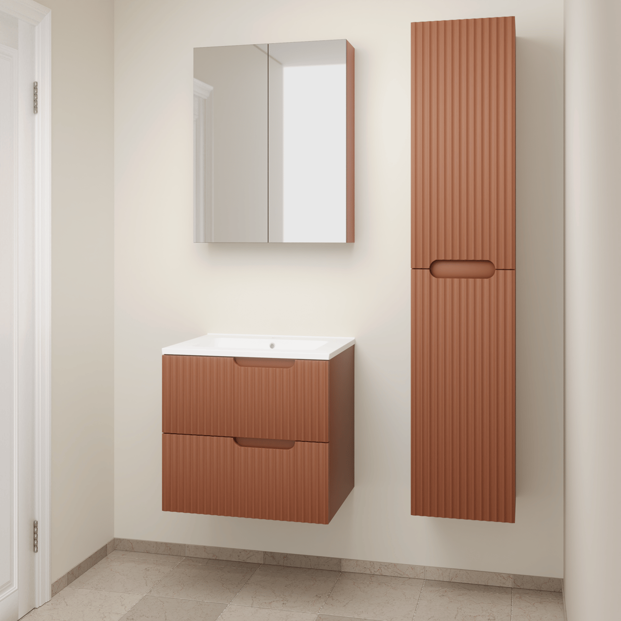 Linie Ribbo hängendes Möbelstück Set: 60 x 46 cm, Cotto, mit Vano Einzelwaschtisch, Marmorkomposit, Weiß matt, Vertikale symmetrische runde Rippe, Montro Spiegelschrank und Ribbo Badhochschrank
