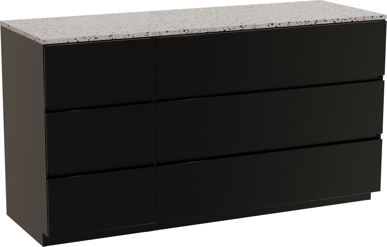 Storke Edge staand badmeubel 150 x 52 cm mat zwart met Tavola enkel of dubbel wastafelblad in mat wit/zwart terrazzo