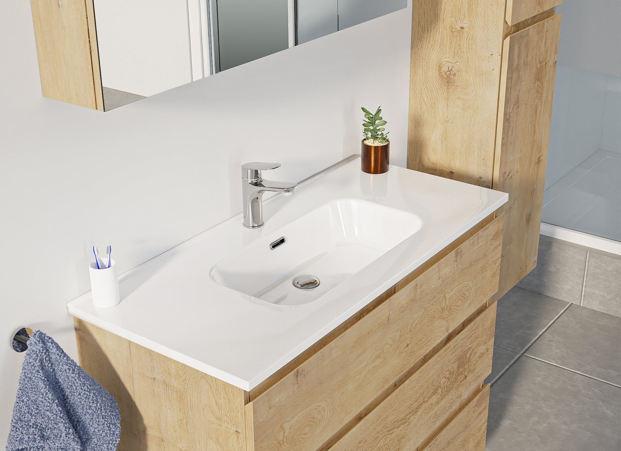 Linie Lado staande wastafelonderkast 100 x 46 cm natuur eik 3 lades