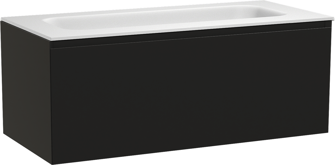 Balmani Idra by Mitra meuble salle de bains suspendu 120 x 55 cm noir mat avec Tablo Arcato lavabo simple pour 2 trous de robinet en solid surface blanc mat