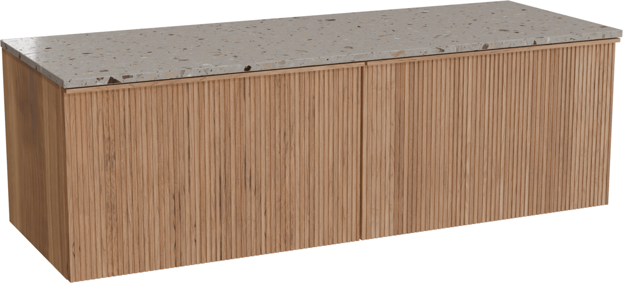 Balmani Forma zwevend badkamermeubel 150 x 55 cm teak met Stretto enkel of dubbel tablet in terrazzo greige terrazzo, Verticale symmetrische rechte ribbel