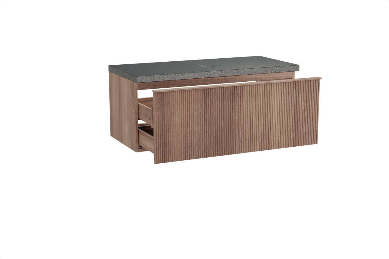 Balmani Forma hängendes Möbelstück Set: 120 x 55 cm, Teak, mit Rock Einzel Waschtischplatte, Granit, Schwarzes Granit, Vertikale symmetrische gerade Rippe
