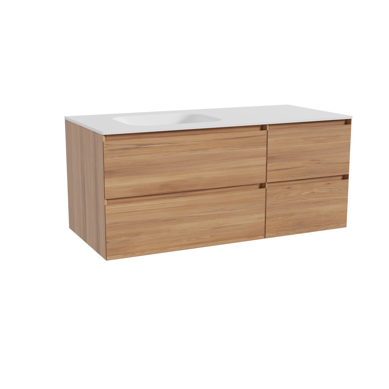 Balmani Mitra hängendes Möbelstück Set: 120 x 55 cm, Teak, mit Tablo Arcato Waschtisch links, Solid Surface Weiß matt