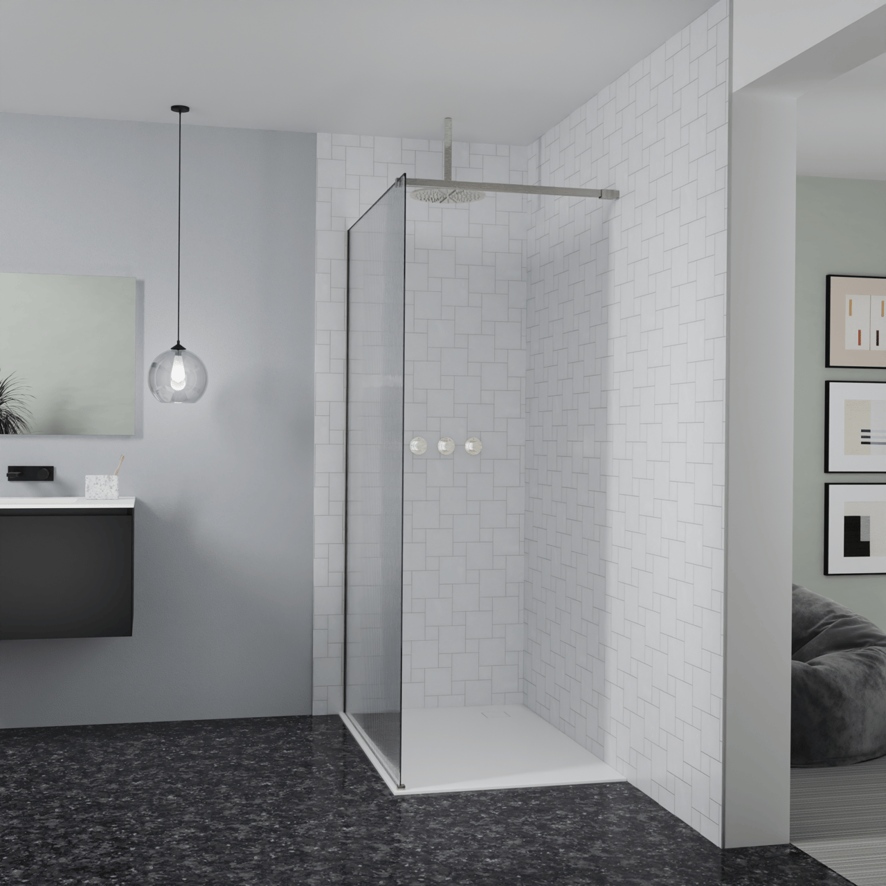 Balmani Modular Walk-In Dusche: 120 x 200 cm, Ribs, inklusive Coating, Profil Brushed CoolMetal