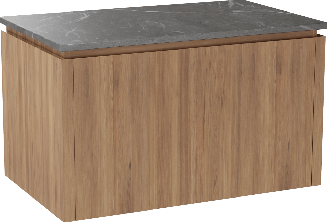 Balmani Eclips hängendes Möbelstück Set: 90 x 55 cm, Teak, mit Stretto Einzel Waschtischplatte Pietra Grey Marmor