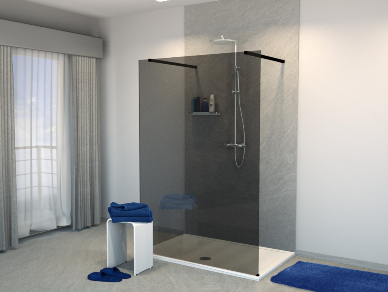 Balmani Modular douche à l'italienne avec paroi autoportante 140 x 200 cm verre fumé profil noir mat