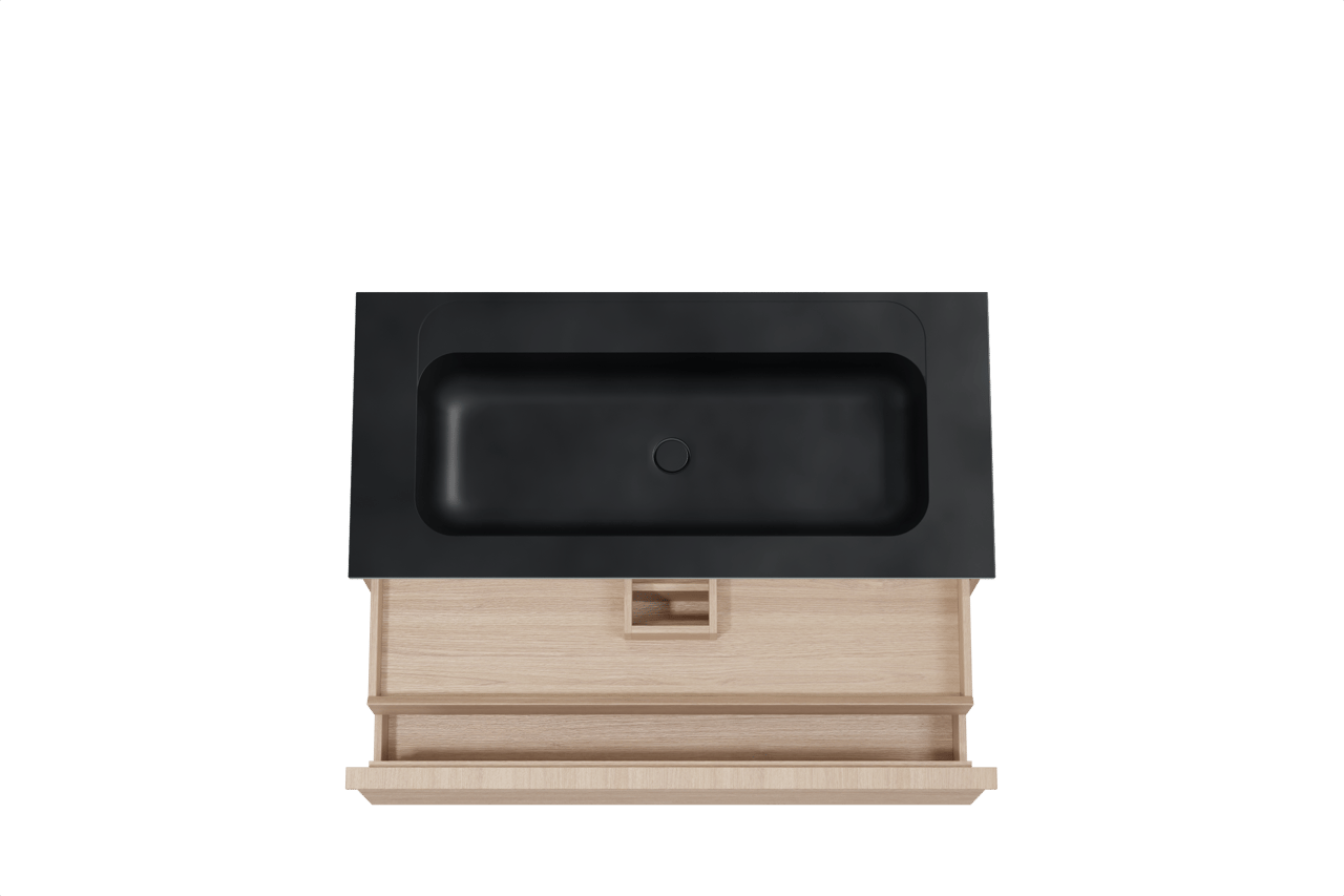 Balmani Forma meuble salle de bains suspendu 120 x 55 cm chêne naturel avec Tablo Strada lavabo simple pour 2 trous de robinet en marbre composite noir mat, Nervure droite symétrique horizontale