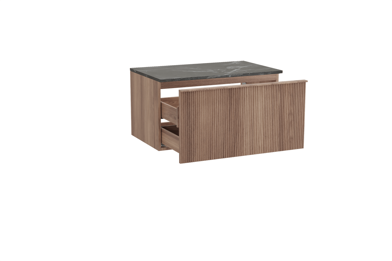 Balmani Forma hängendes Möbelstück Set: 90 x 55 cm, Teak, mit Stretto Einzel Waschtischplatte, Marmor, Pietra Grey, Vertikale symmetrische gerade Rippe