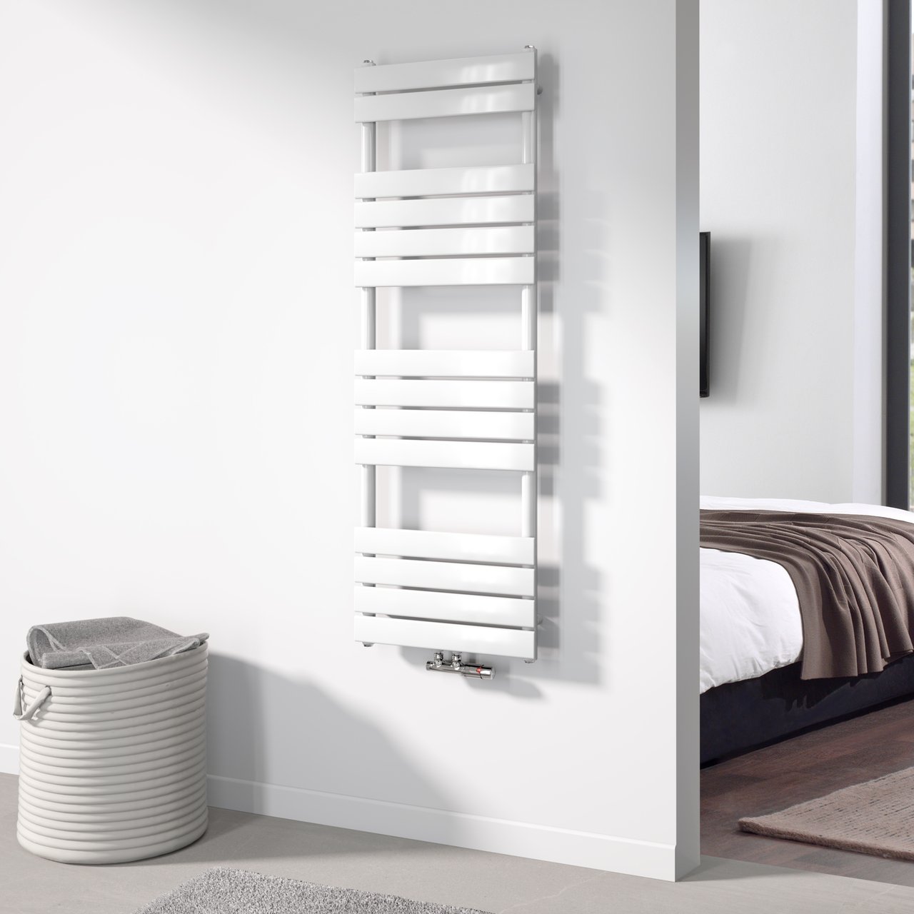 ENKEL VOOR DUITSE MARKT - Vipera Vulcan enkele handdoekradiator 50 x 150 cm elektrische verwarming glanzend wit zij- en middenaansluiting 740W, weerstand inbegrepen