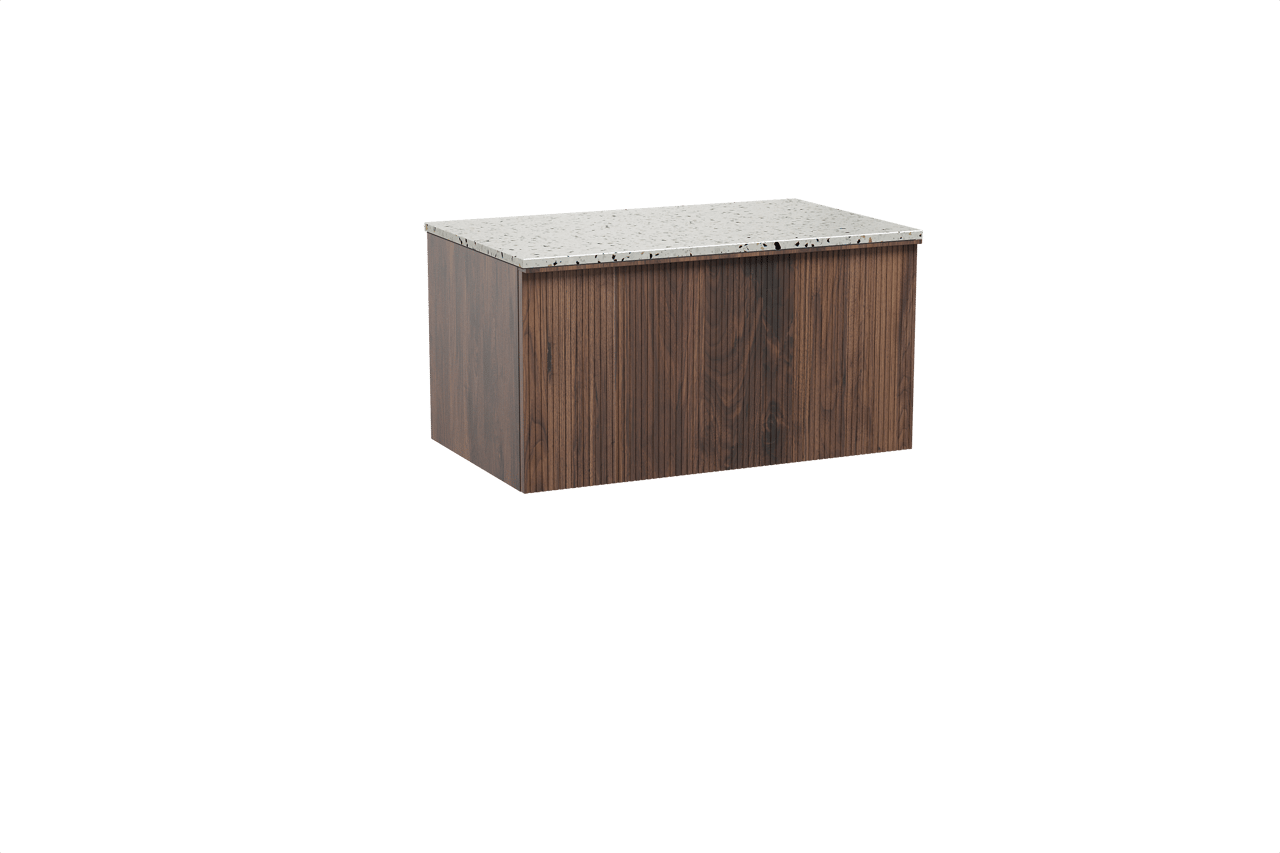 Balmani Forma meuble salle de bains suspendu 90 x 55 cm noyer américain avec Stretto tablette simple en blanc/noir mat terrazzo, Nervure droite symétrique verticale