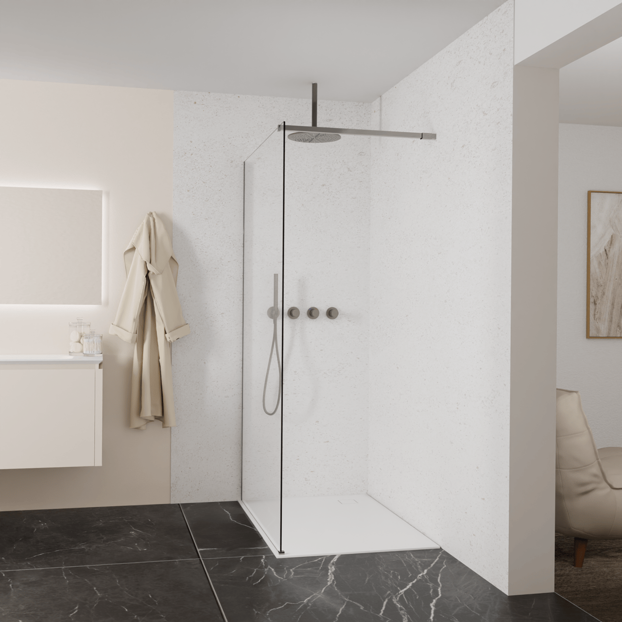 Balmani Modular Walk-In Dusche: 120 x 200 cm, Klarglas, inklusive Coating, Profil Brushed GunMetal