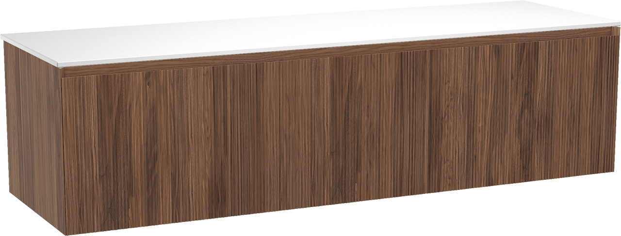 Balmani Fila by Mitra zwevend badmeubel 180 x 55 cm notenhout met Stretto enkel of dubbel wastafelblad in solid surface mat wit, Verticale symmetrische rechte ribbel