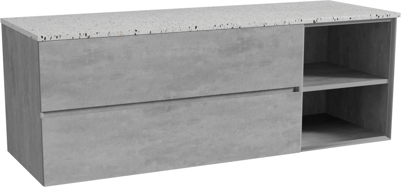 Storke Edge zwevend badmeubel 150 x 52 cm beton donkergrijs met Tavola enkel of dubbel wastafelblad in mat wit/zwart terrazzo